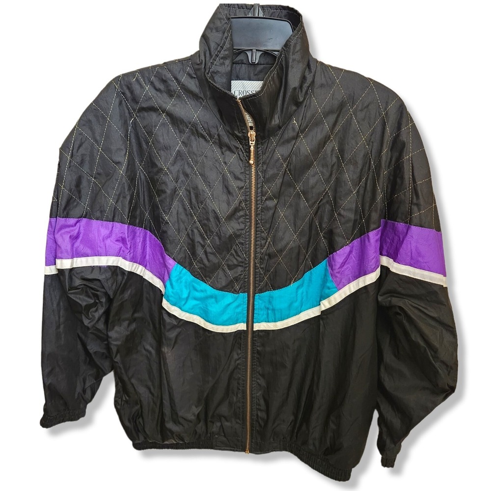 vtg 90s Crossroads windbreaker jacket Color Block black M diamond Quilt Black